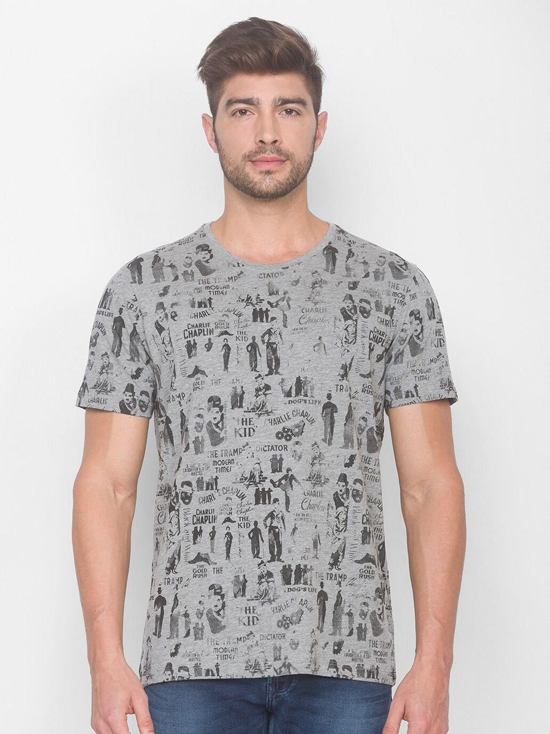 spykar men grey & black printed t-shirt