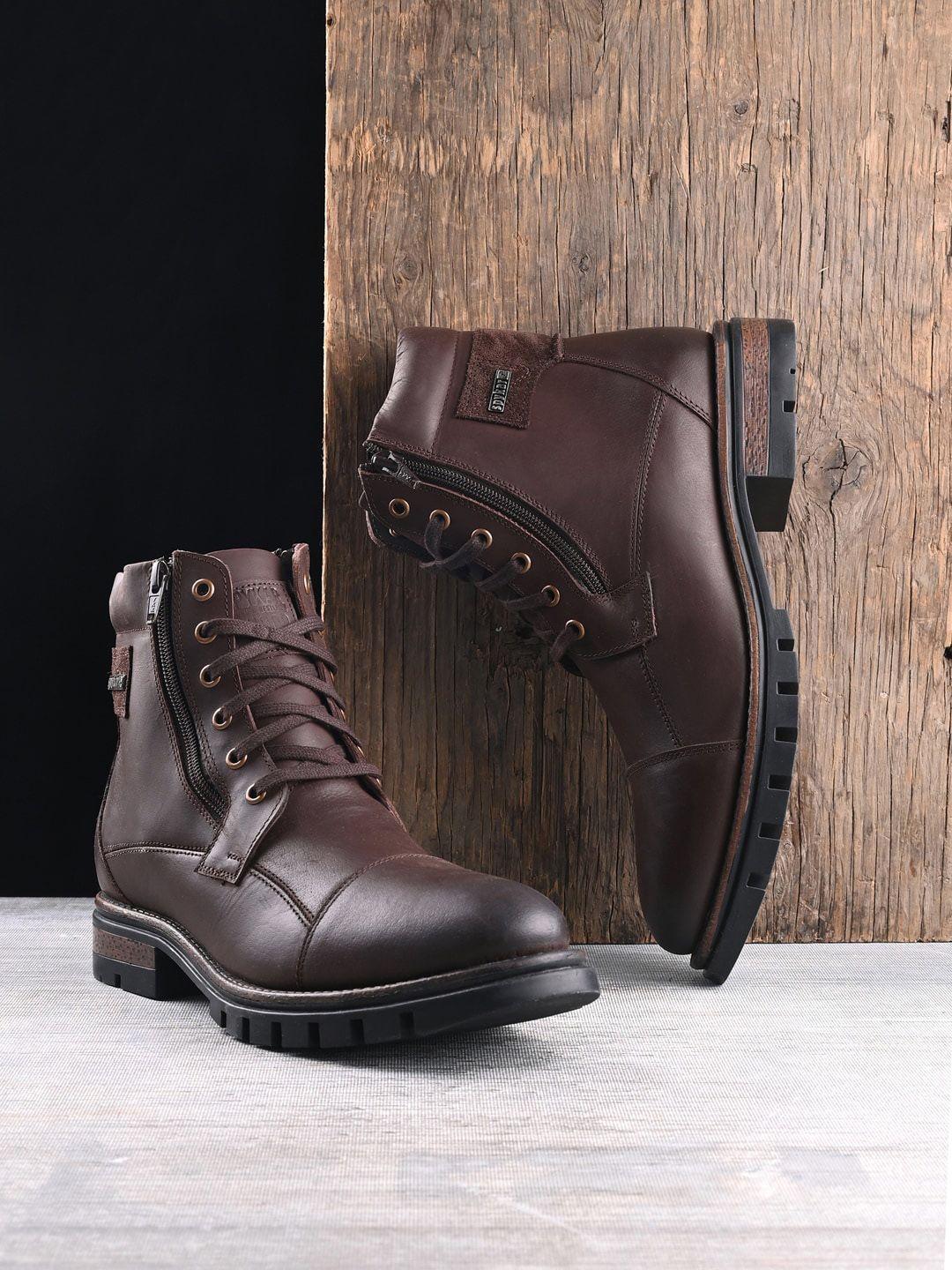 spykar men heeled leather biker boots