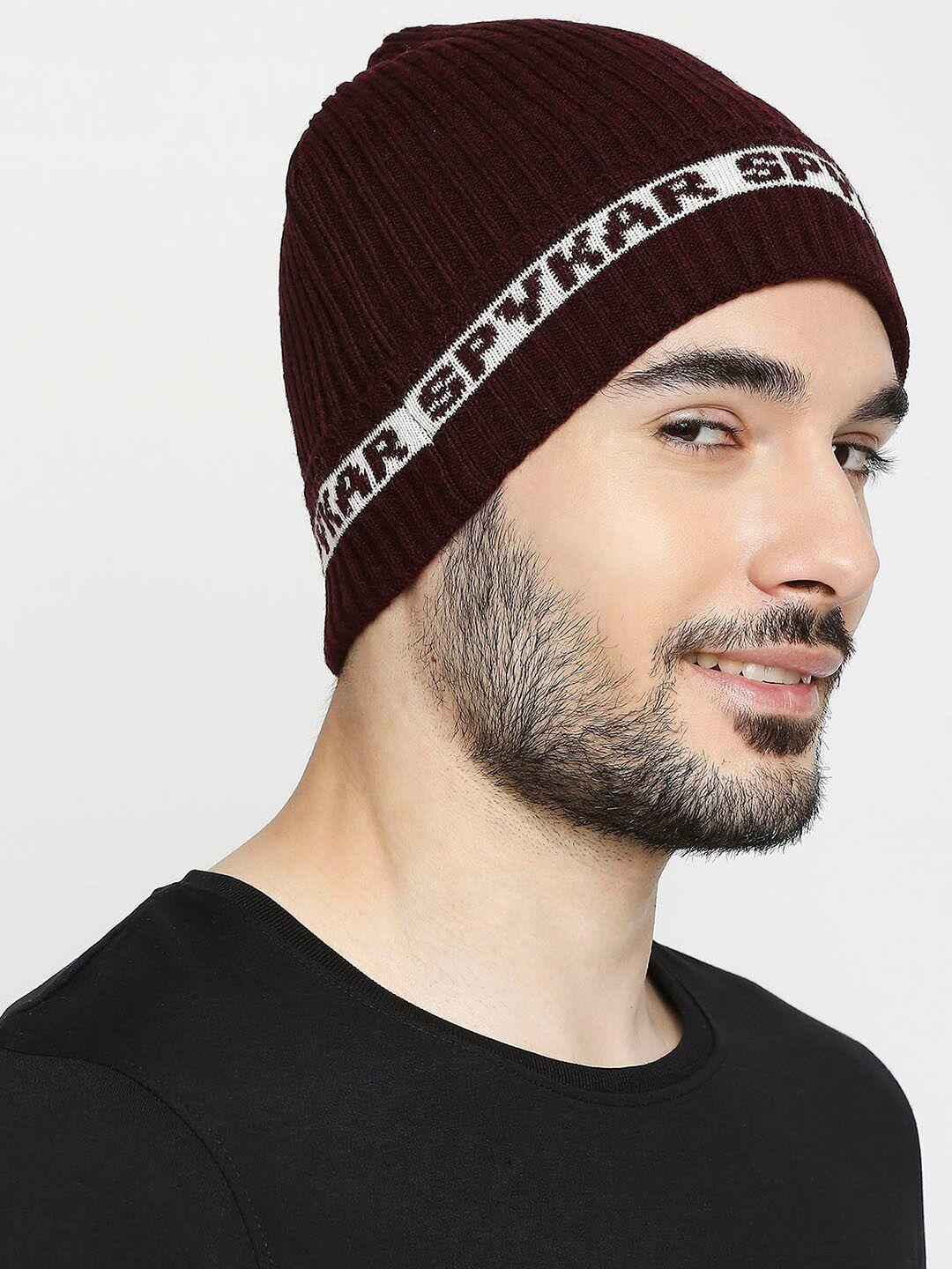 spykar men maroon & white printed cotton beanie