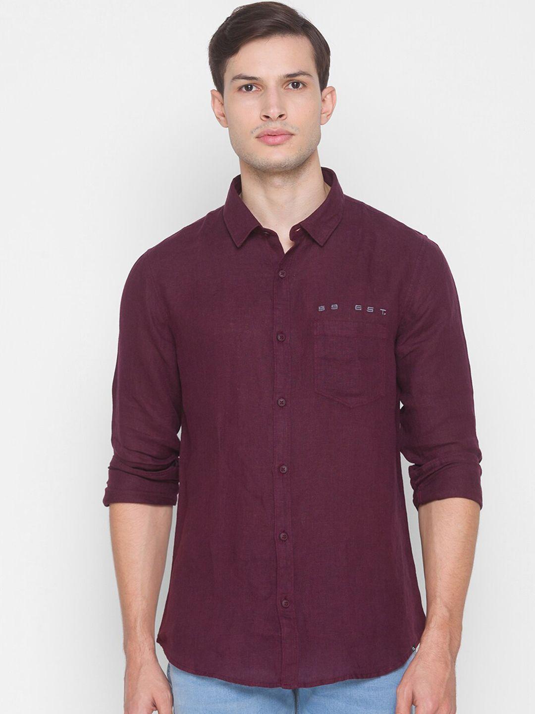 spykar men maroon slim fit opaque pure cotton casual shirt