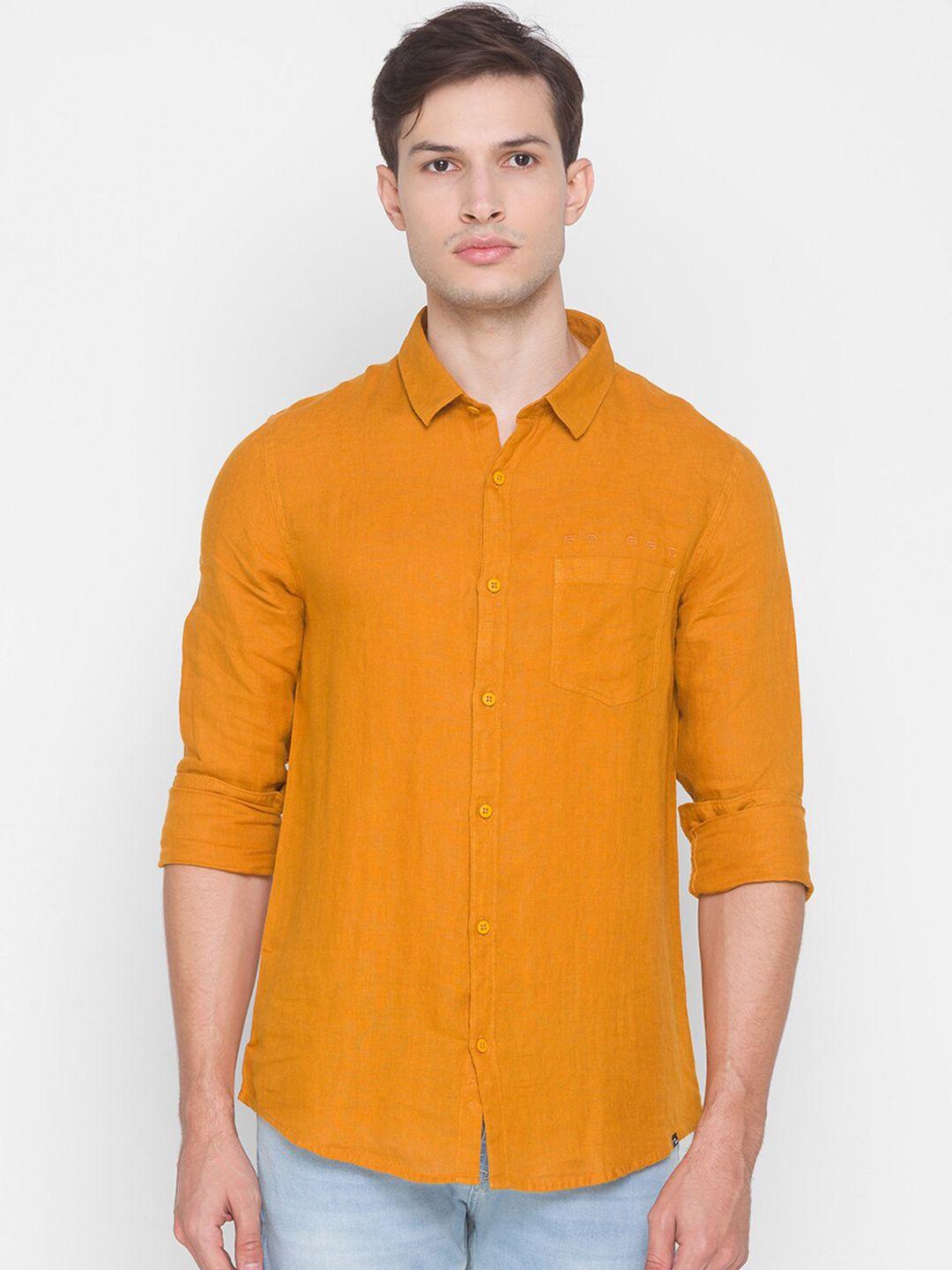 spykar men mustard slim fit opaque casual shirt