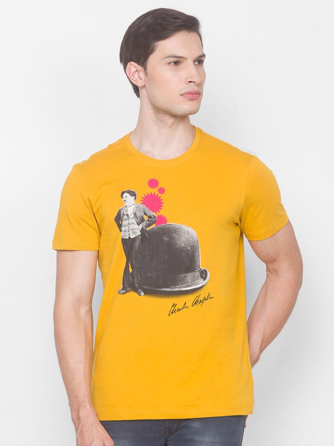 spykar men mustard yellow & black printed t-shirt