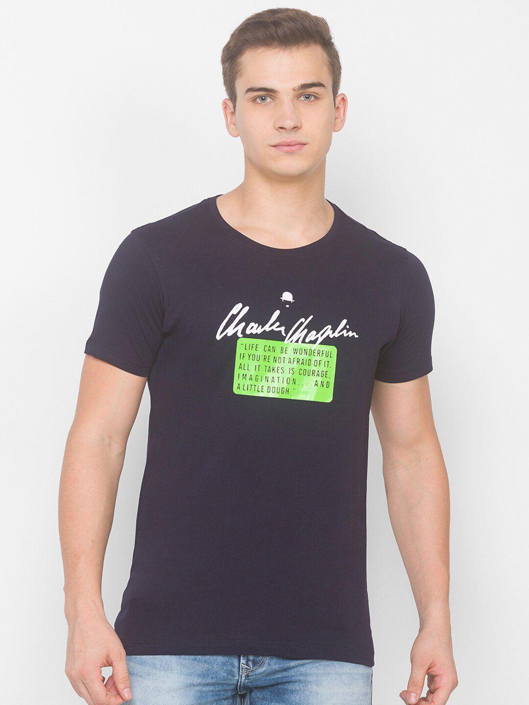 spykar men navy blue & green typography printed slim fit t-shirt