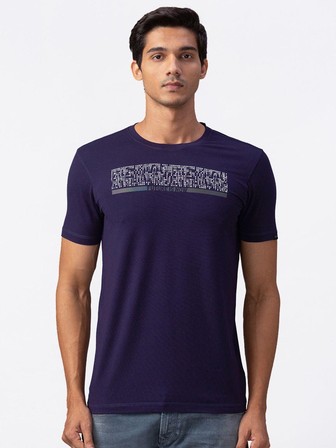 spykar men navy blue & white typography printed slim fit t-shirt