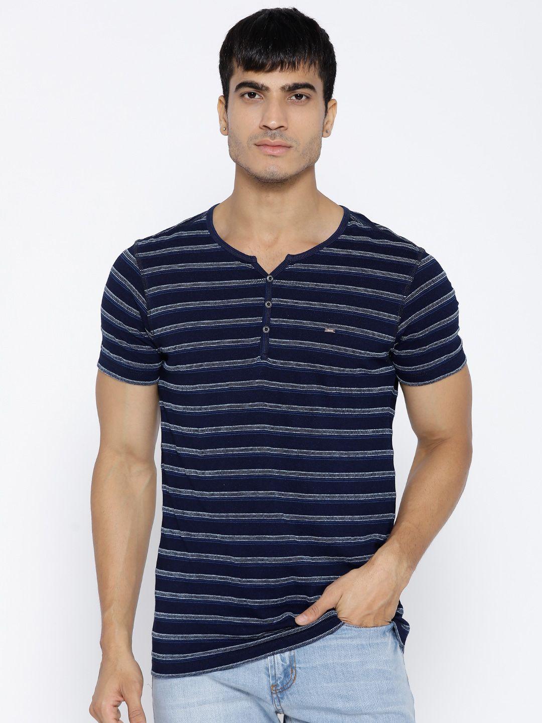 spykar men navy blue striped henley neck slim fit t-shirt
