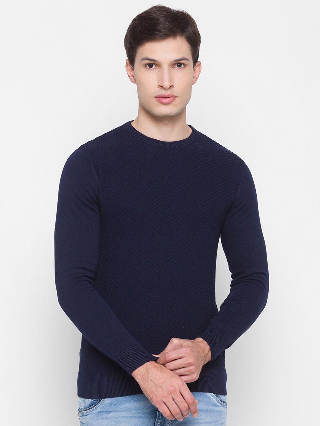 spykar men navy blue striped pullover pure cotton sweater