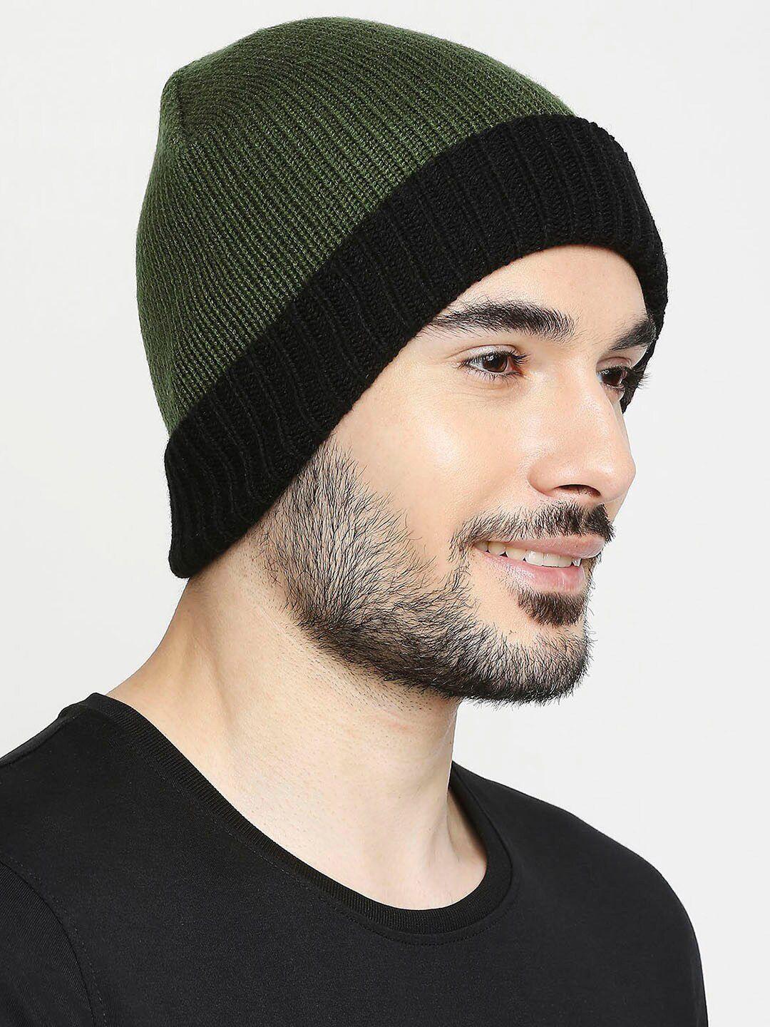 spykar men olive green & black colourblocked cotton beanie