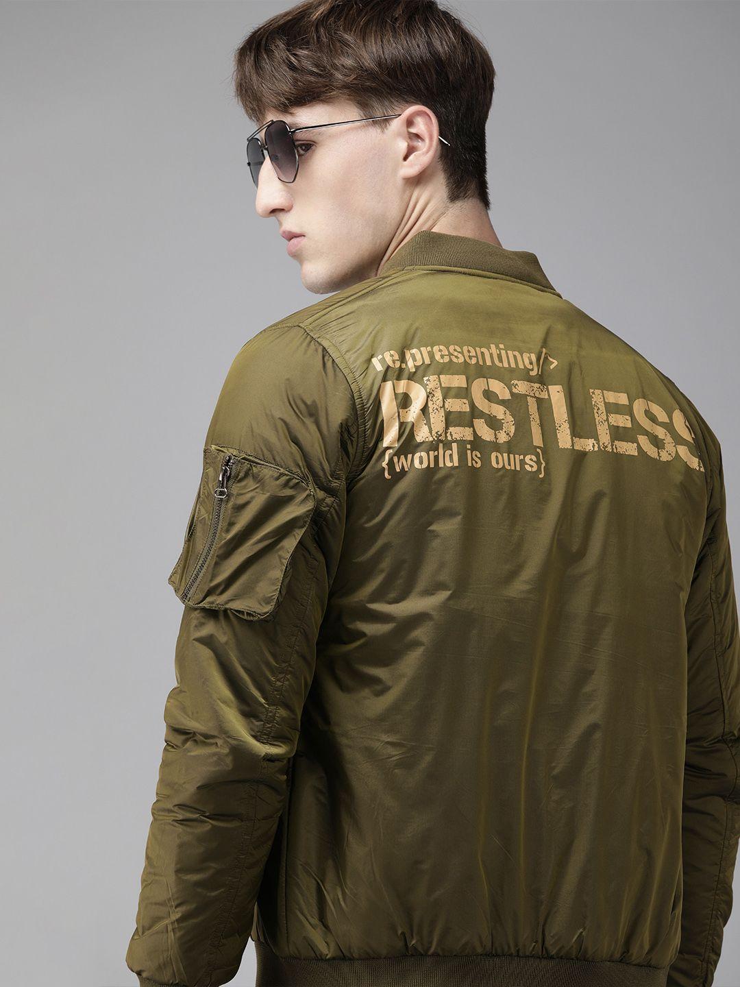 spykar men olive green back printed lightweight bomber jacket