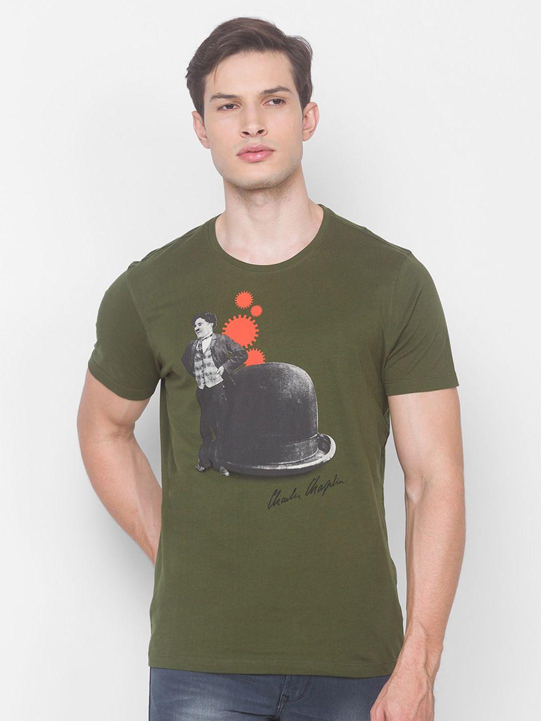 spykar men olive green printed slim fit t-shirt