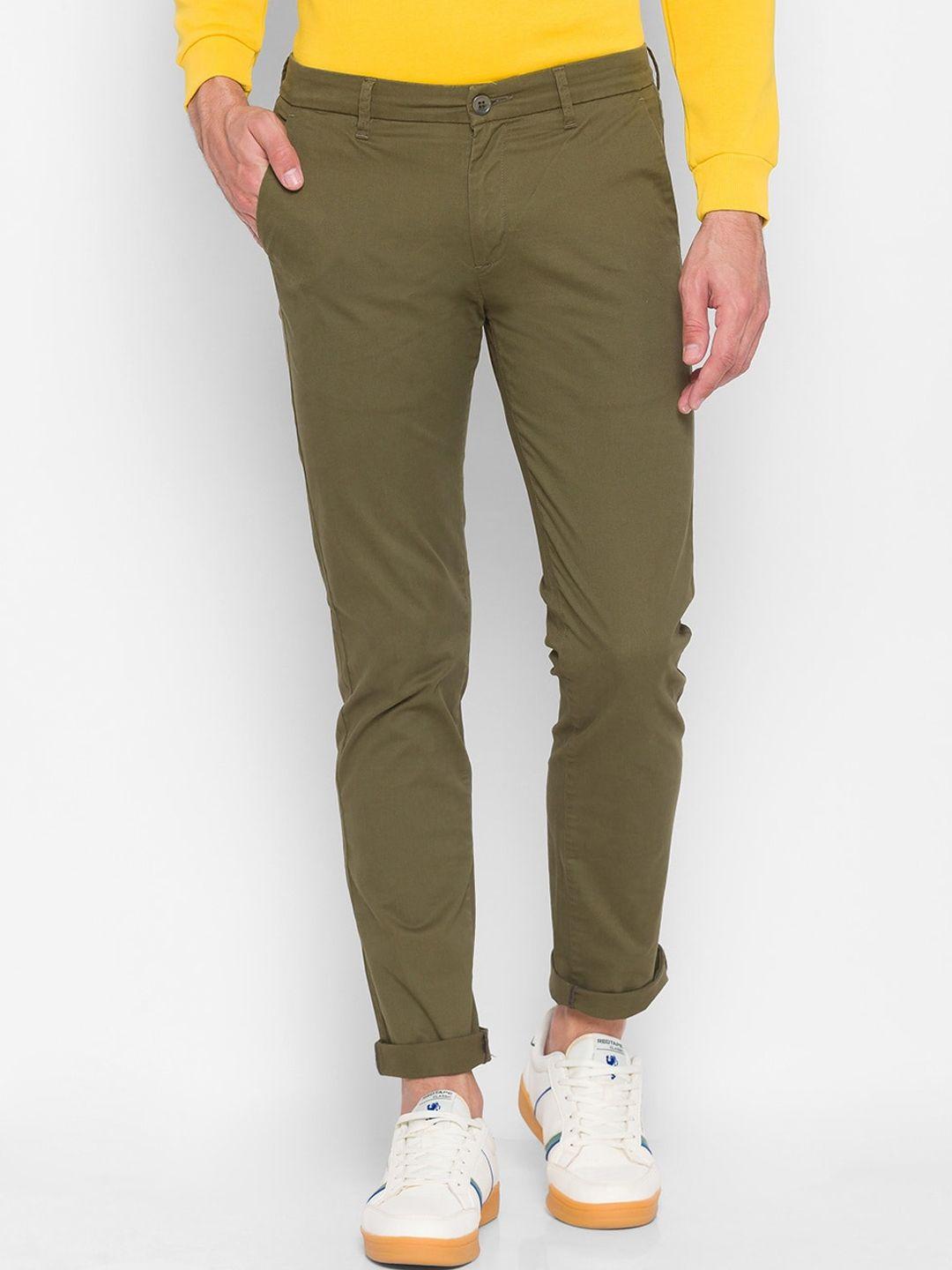 spykar men olive green straight fit pure cotton trousers
