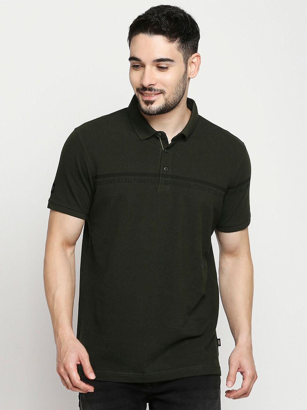 spykar men olive green typography printed cotton polo collar t-shirt