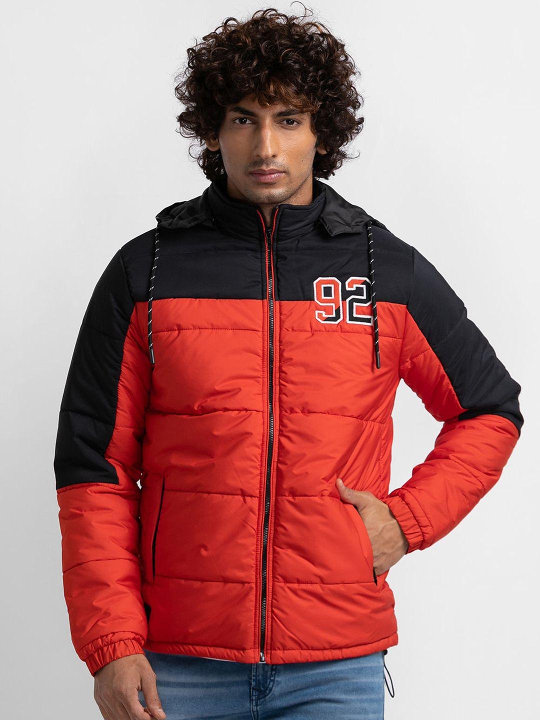 spykar men orange colourblocked padded jacket with patchwork