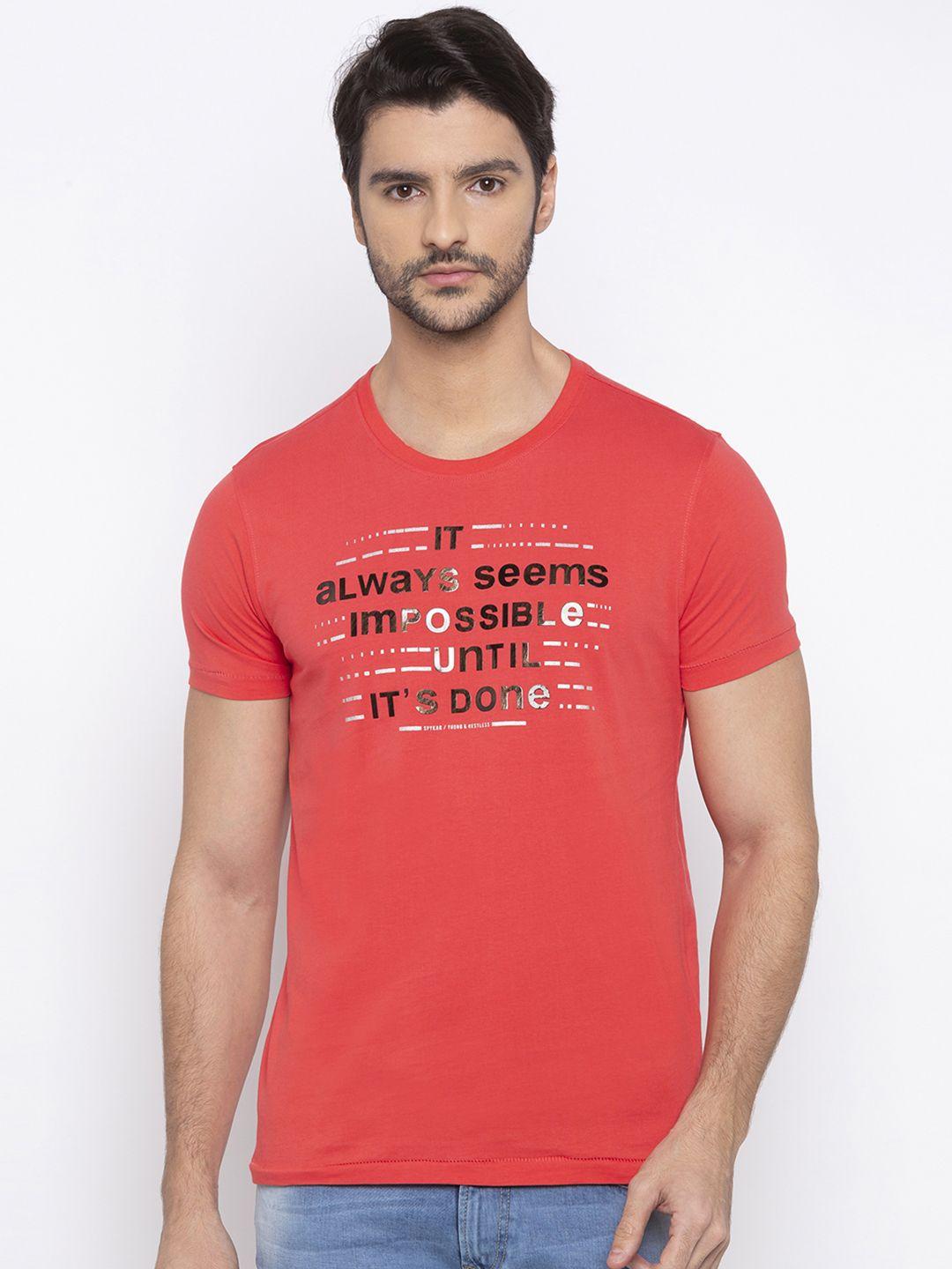 spykar men orange printed round neck t-shirt