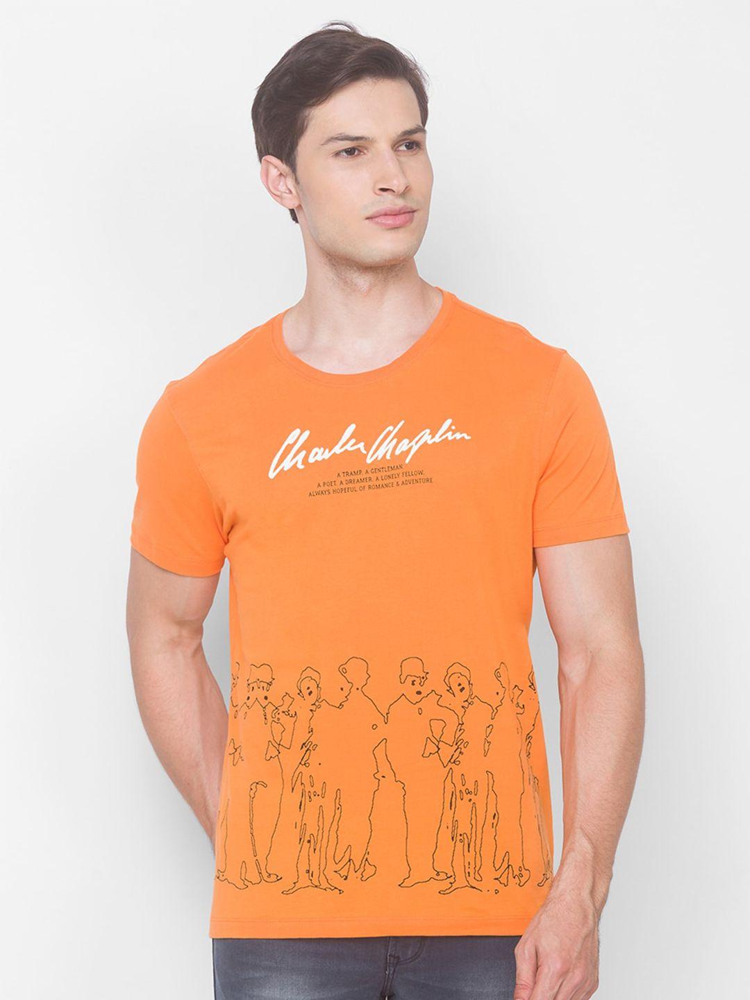 spykar men orange printed t-shirt