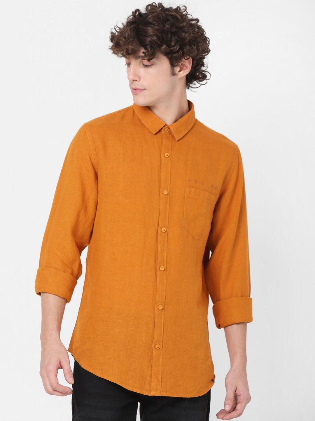 spykar men orange slim fit casual shirt