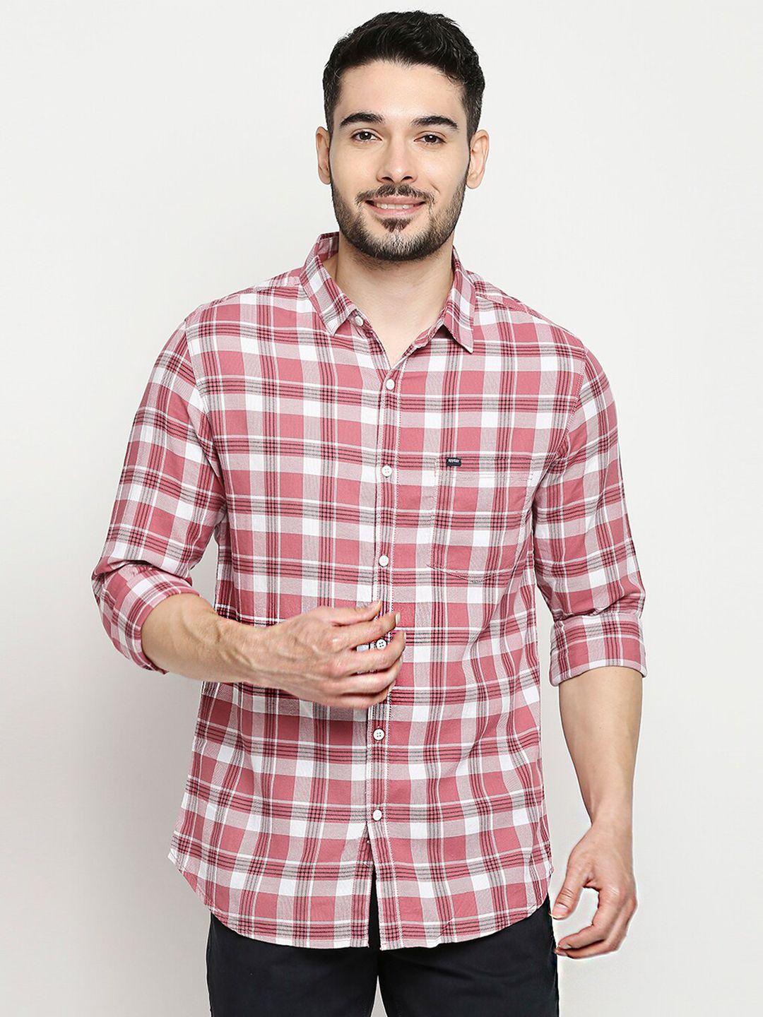 spykar men pink slim fit tartan checked cotton casual shirt