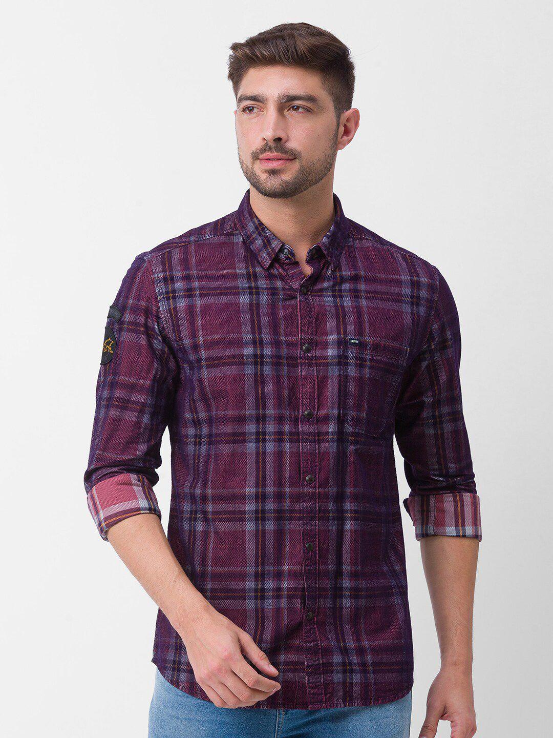 spykar men pink slim fit tartan checks checked casual shirt