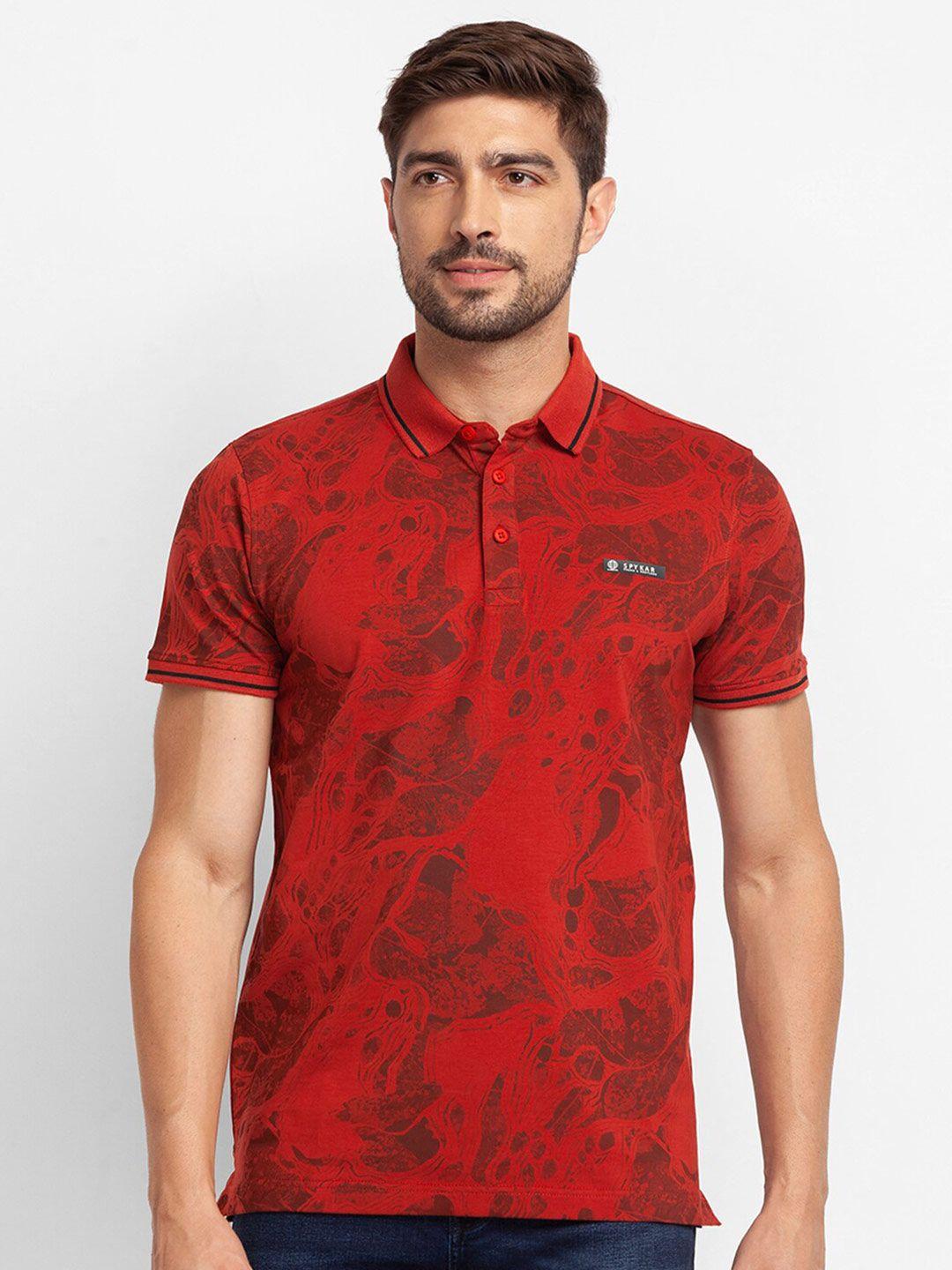 spykar men red & molten lava floral printed polo collar slim fit t-shirt