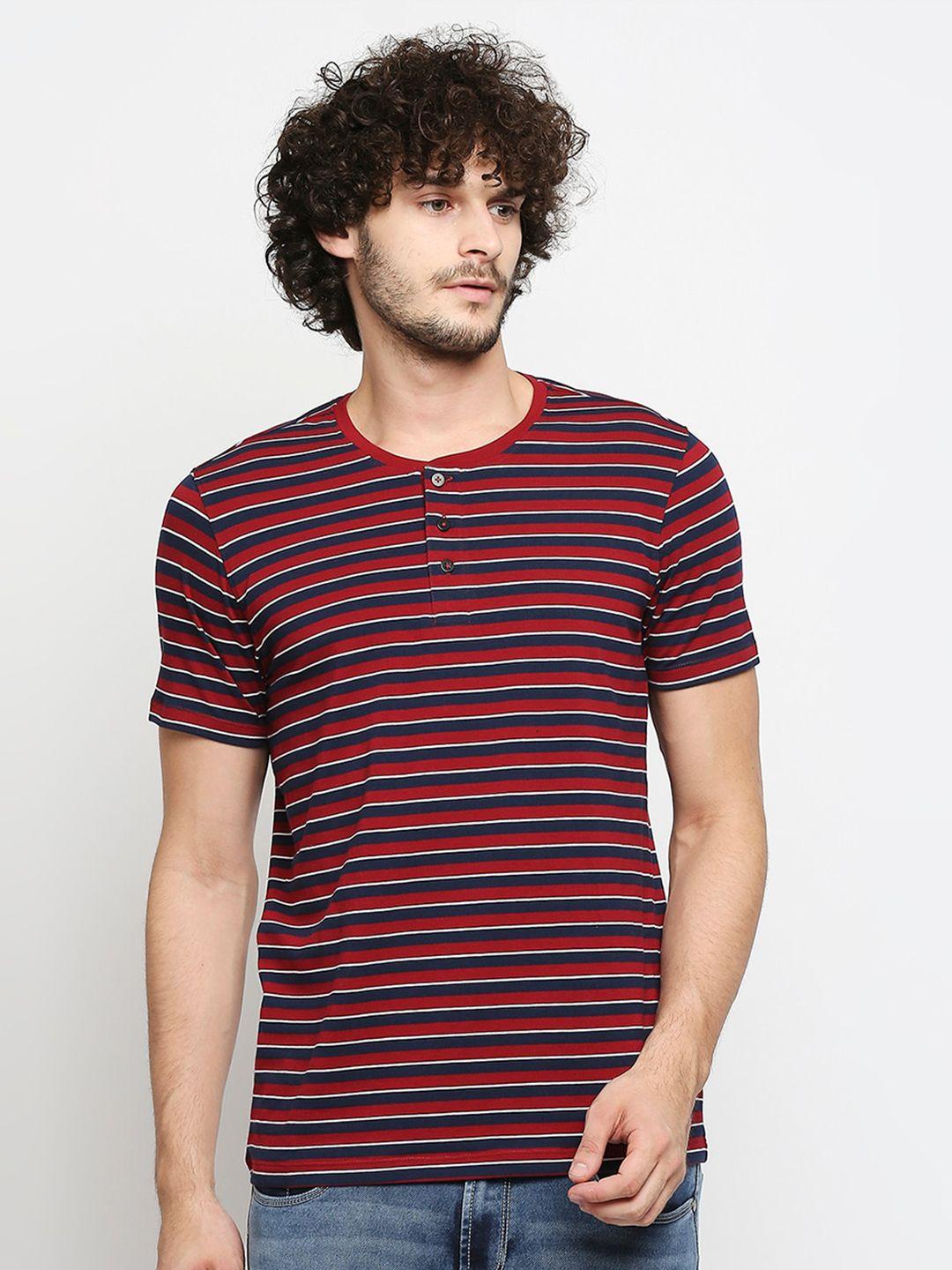 spykar men red & navy blue striped henley neck slim fit t-shirt