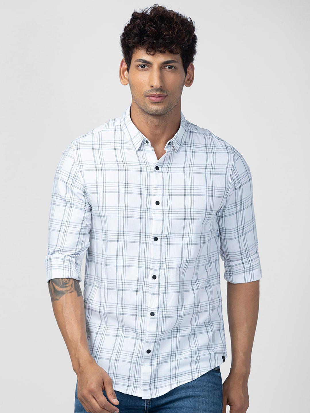 spykar men slim fit tartan checked casual cotton shirt