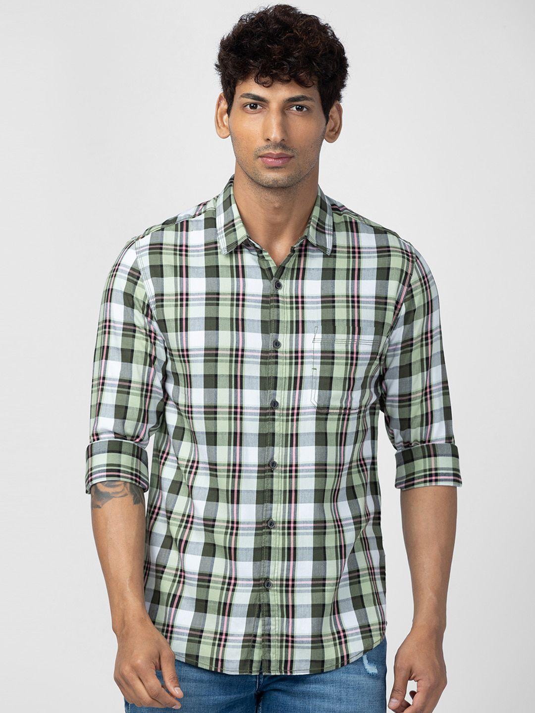 spykar men slim fit tartan checks checked casual shirt