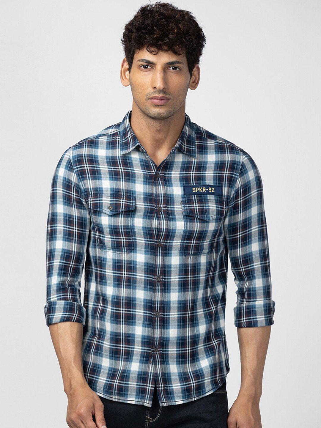 spykar men slim fit tartan checks checked cotton casual shirt