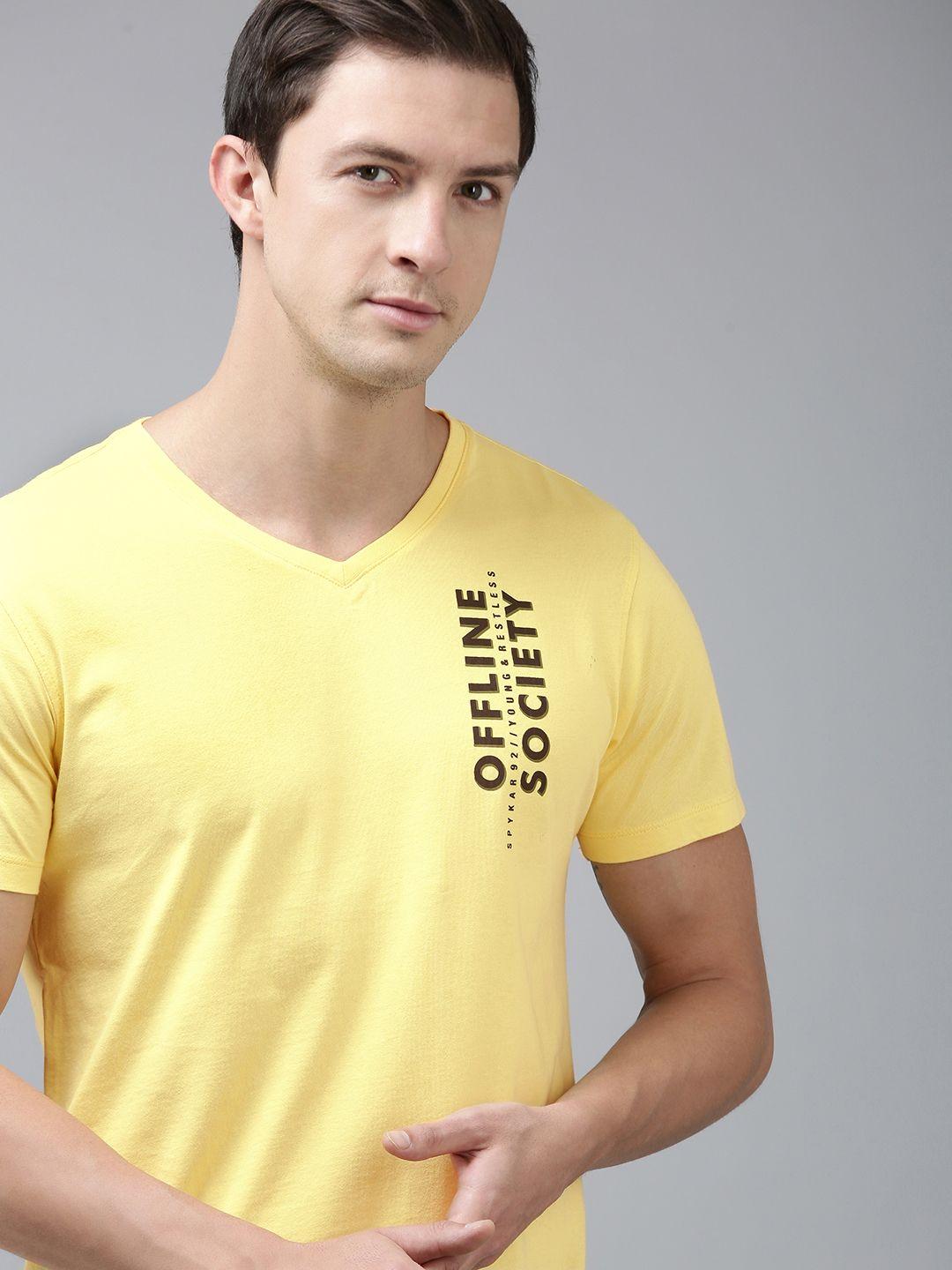 spykar men typography printed v-neck pure cotton slim fit t-shirt