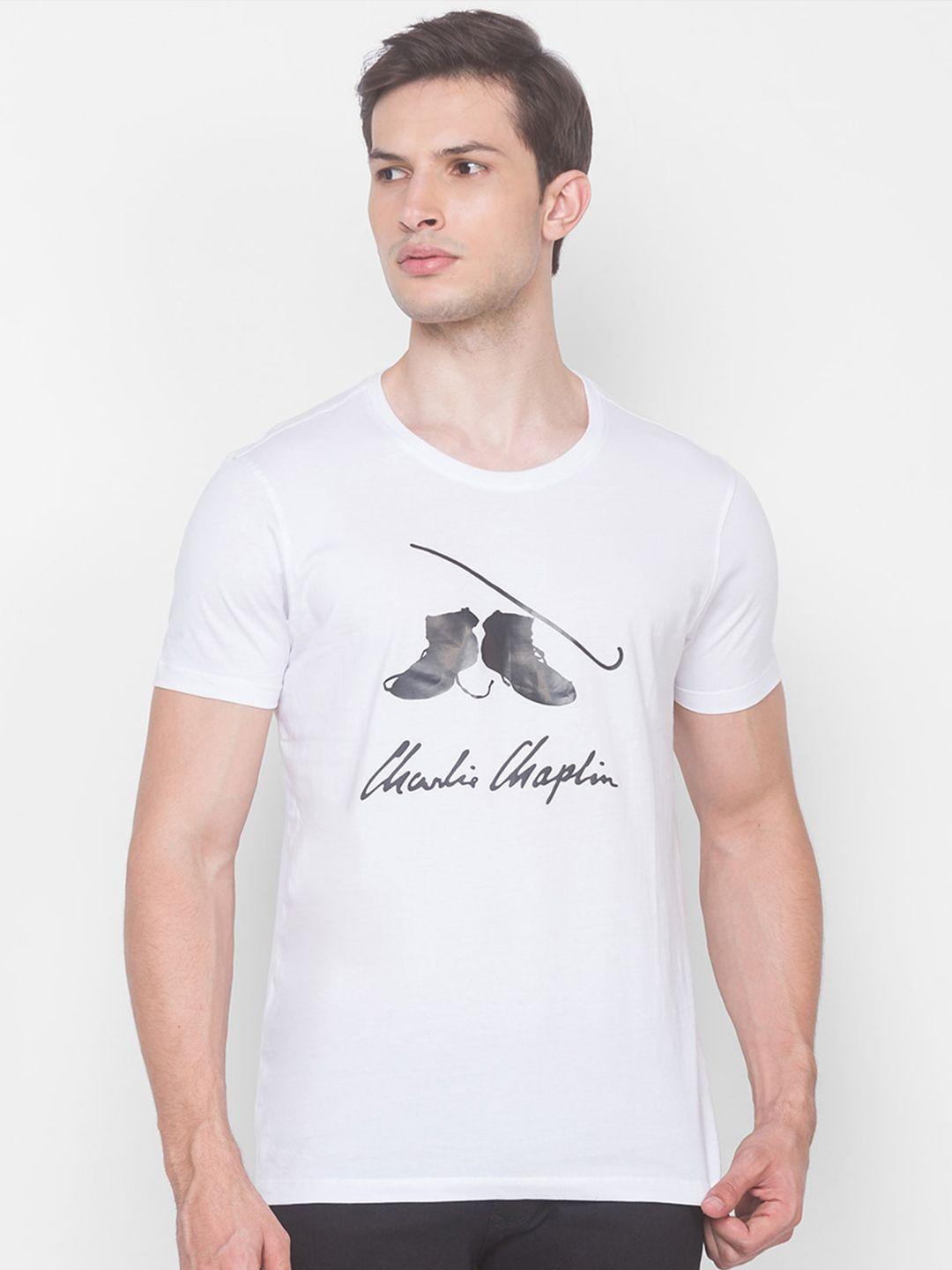 spykar men white & black printed slim fit cotton t-shirt