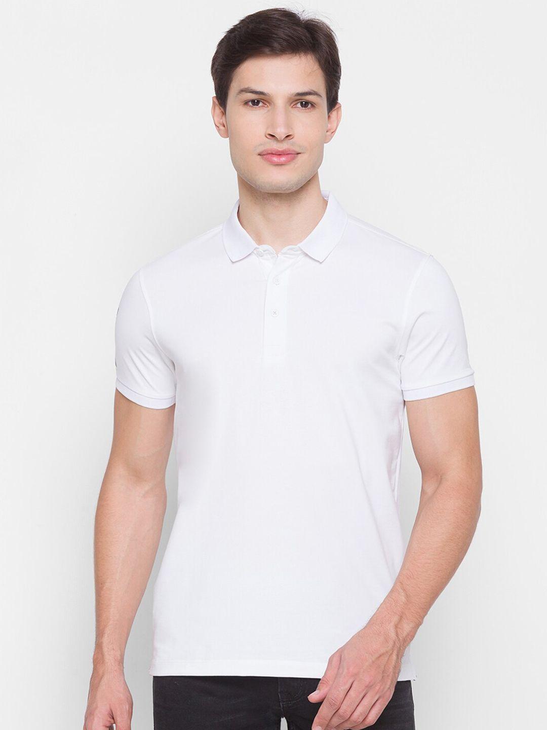 spykar men white polo collar slim fit cotton t-shirt