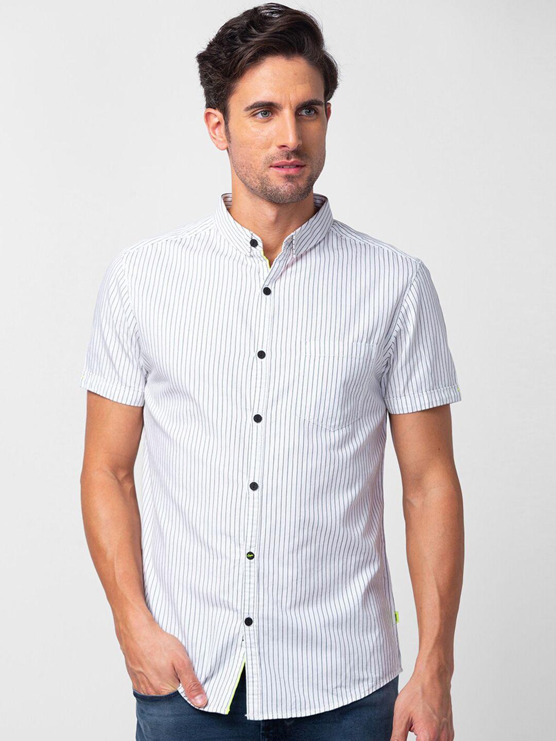 spykar men white slim fit striped casual shirt