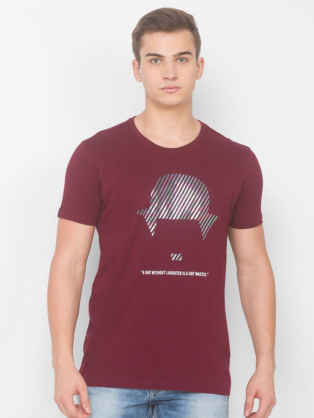 spykar men wine red & grey printed slim fit t-shirt