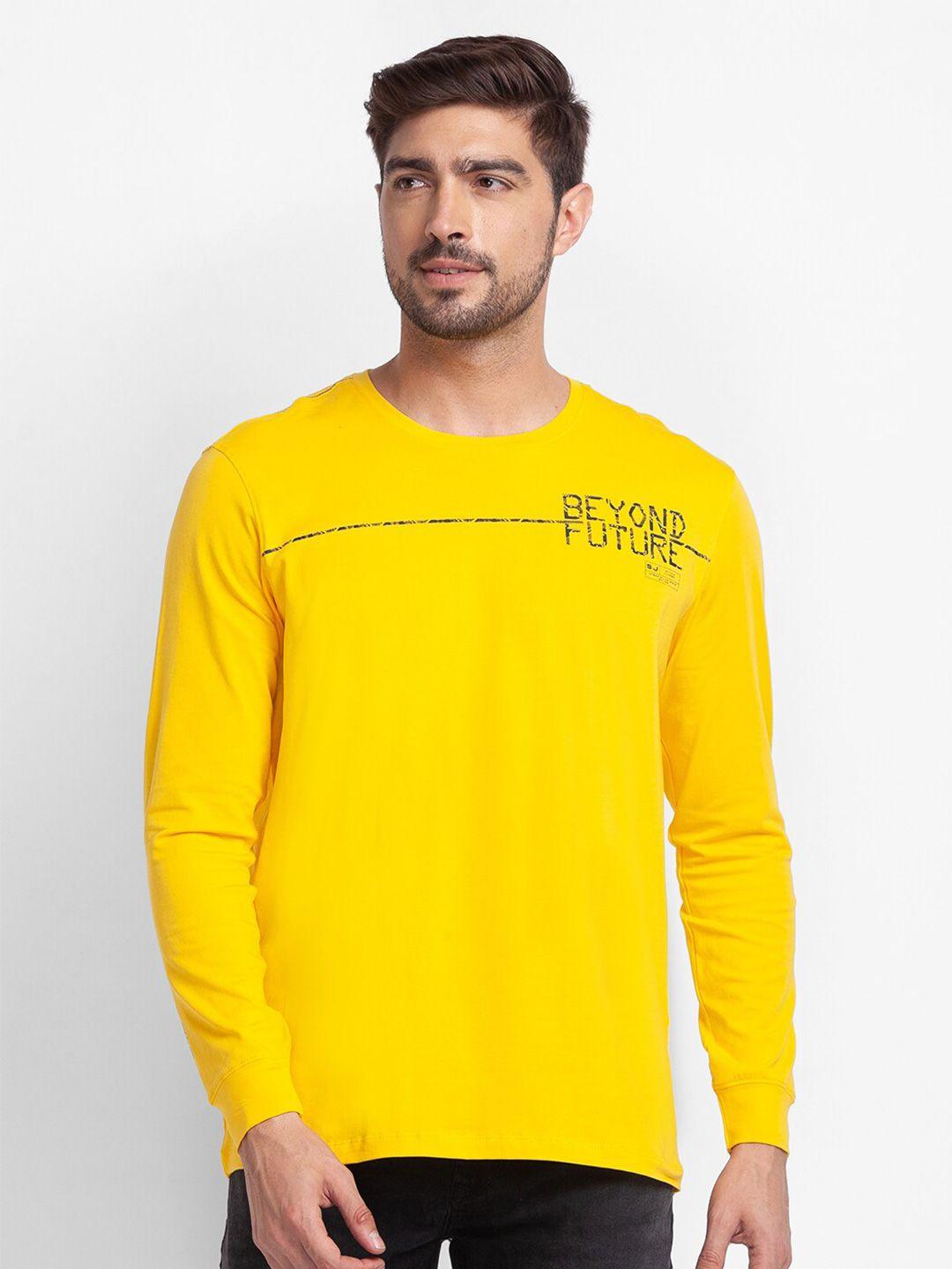 spykar men yellow & vibrant yellow typography slim fit t-shirt