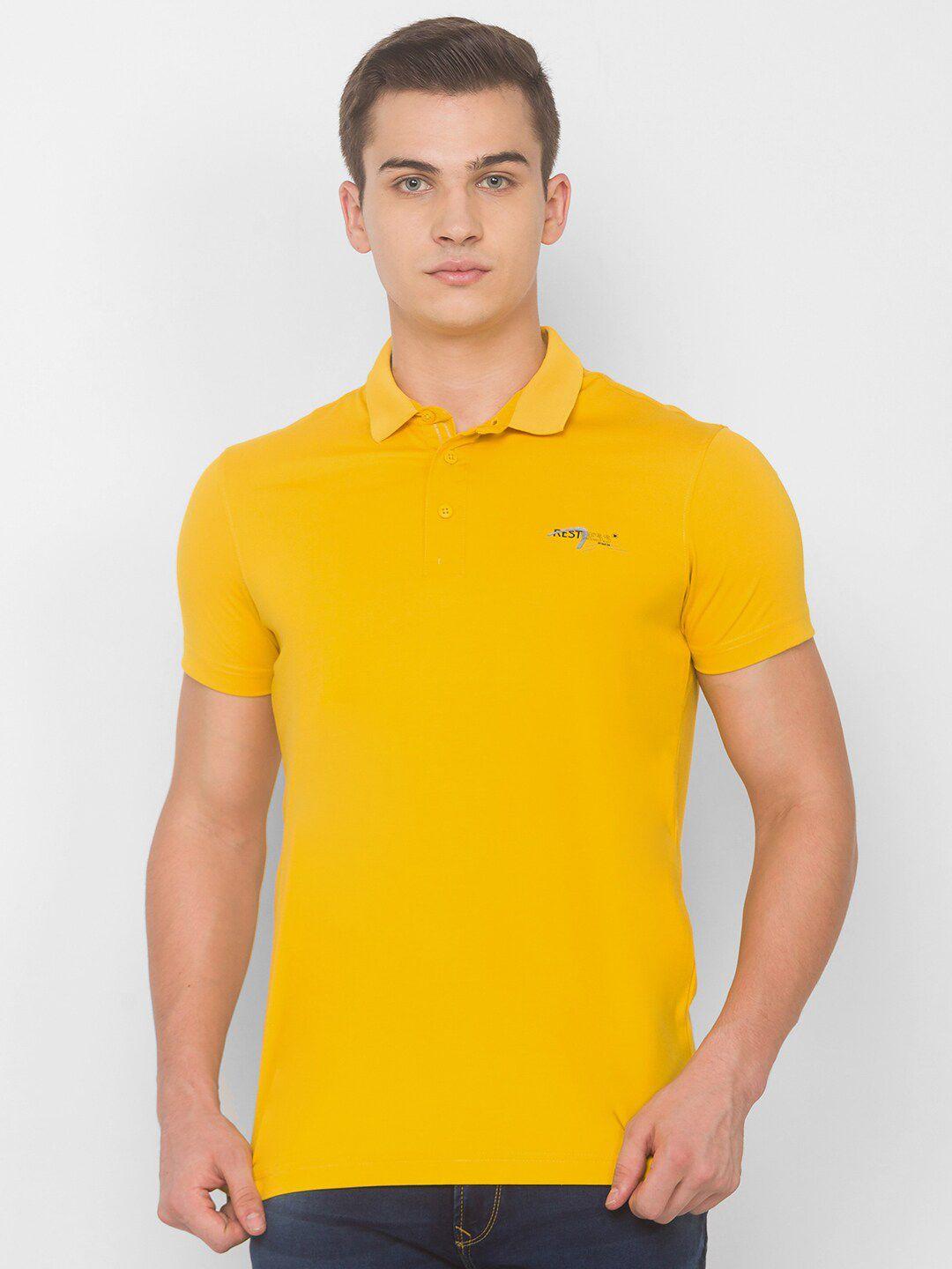 spykar men yellow henley neck applique slim fit t-shirt