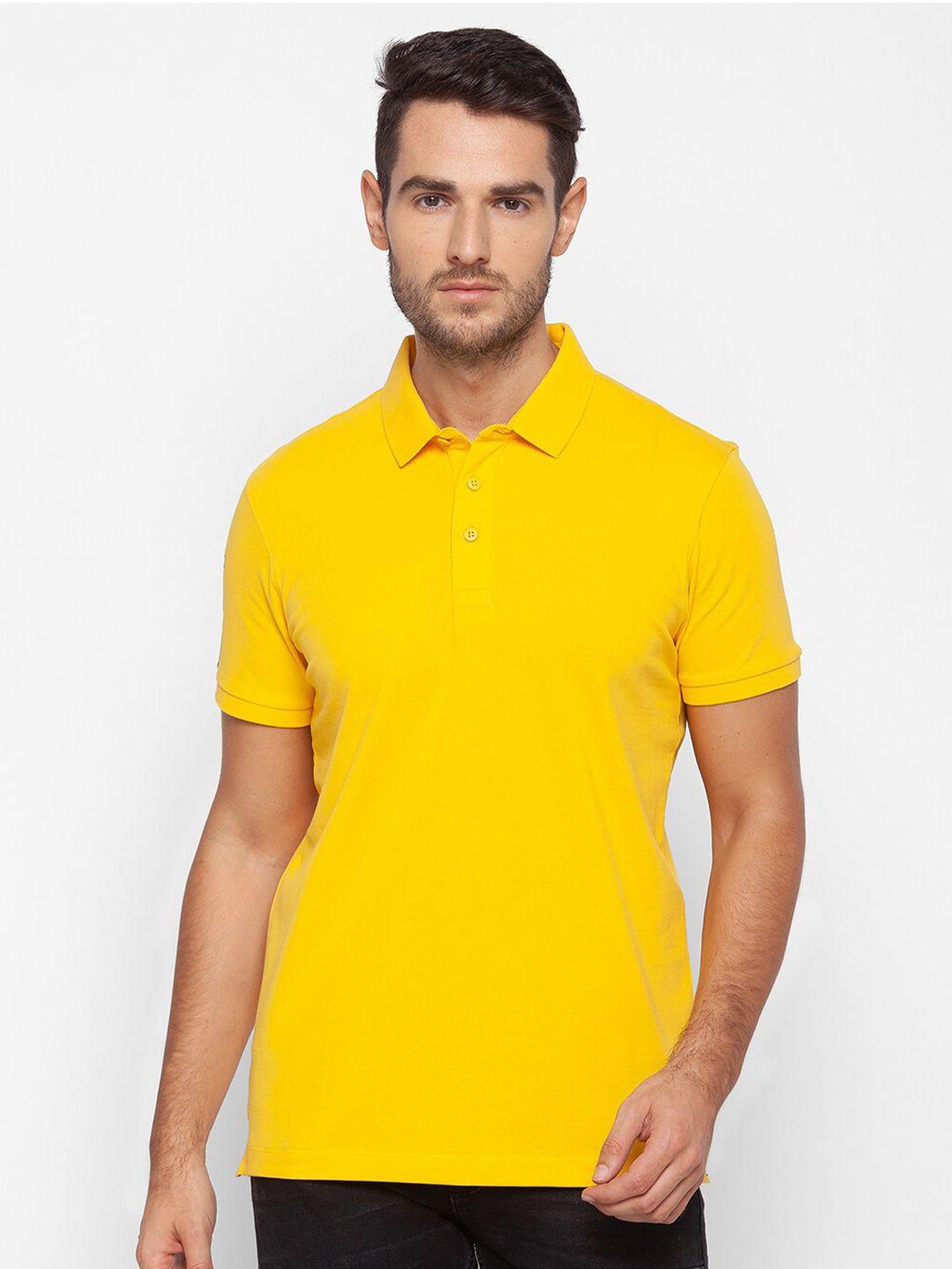 spykar men yellow polo collar slim fit t-shirt