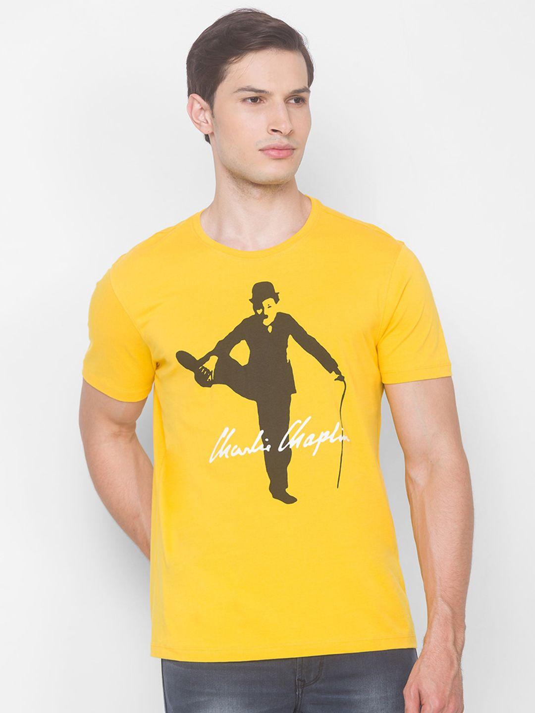 spykar men yellow printed slim fit cotton t-shirt
