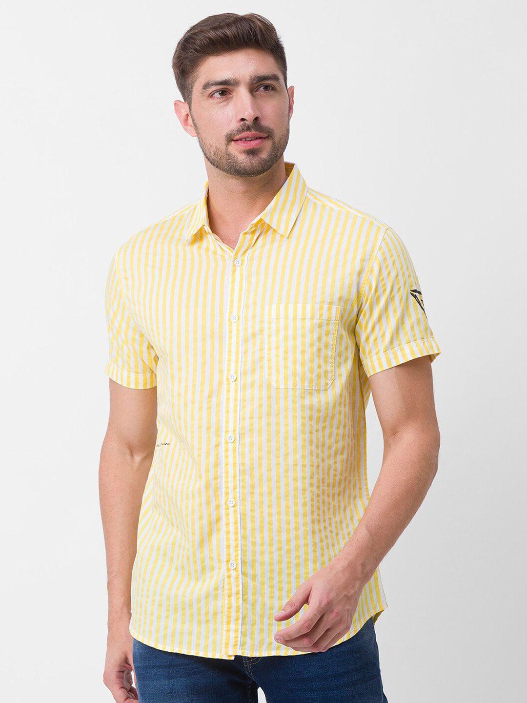 spykar men yellow slim fit striped casual shirt