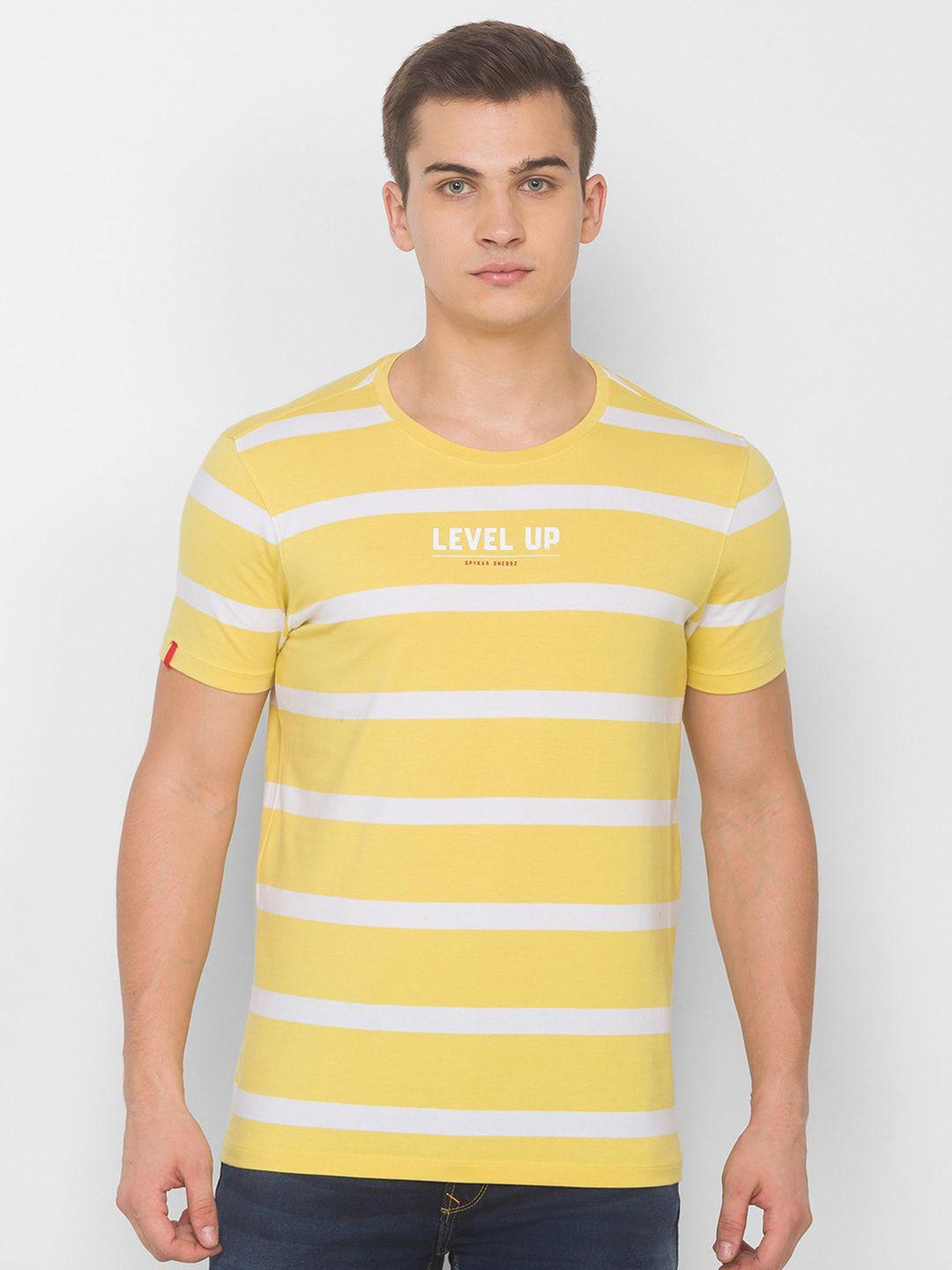 spykar men yellow striped applique slim fit t-shirt