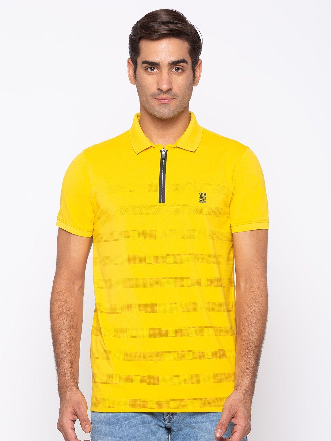 spykar men yellow striped polo collar slim fit t-shirt