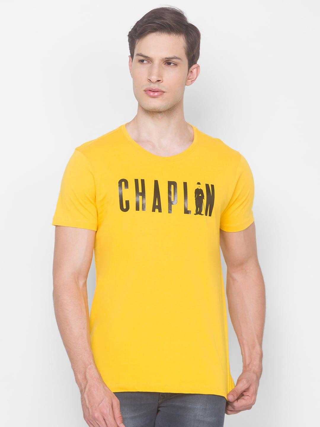 spykar men yellow typography printed cotton slim fit t-shirt