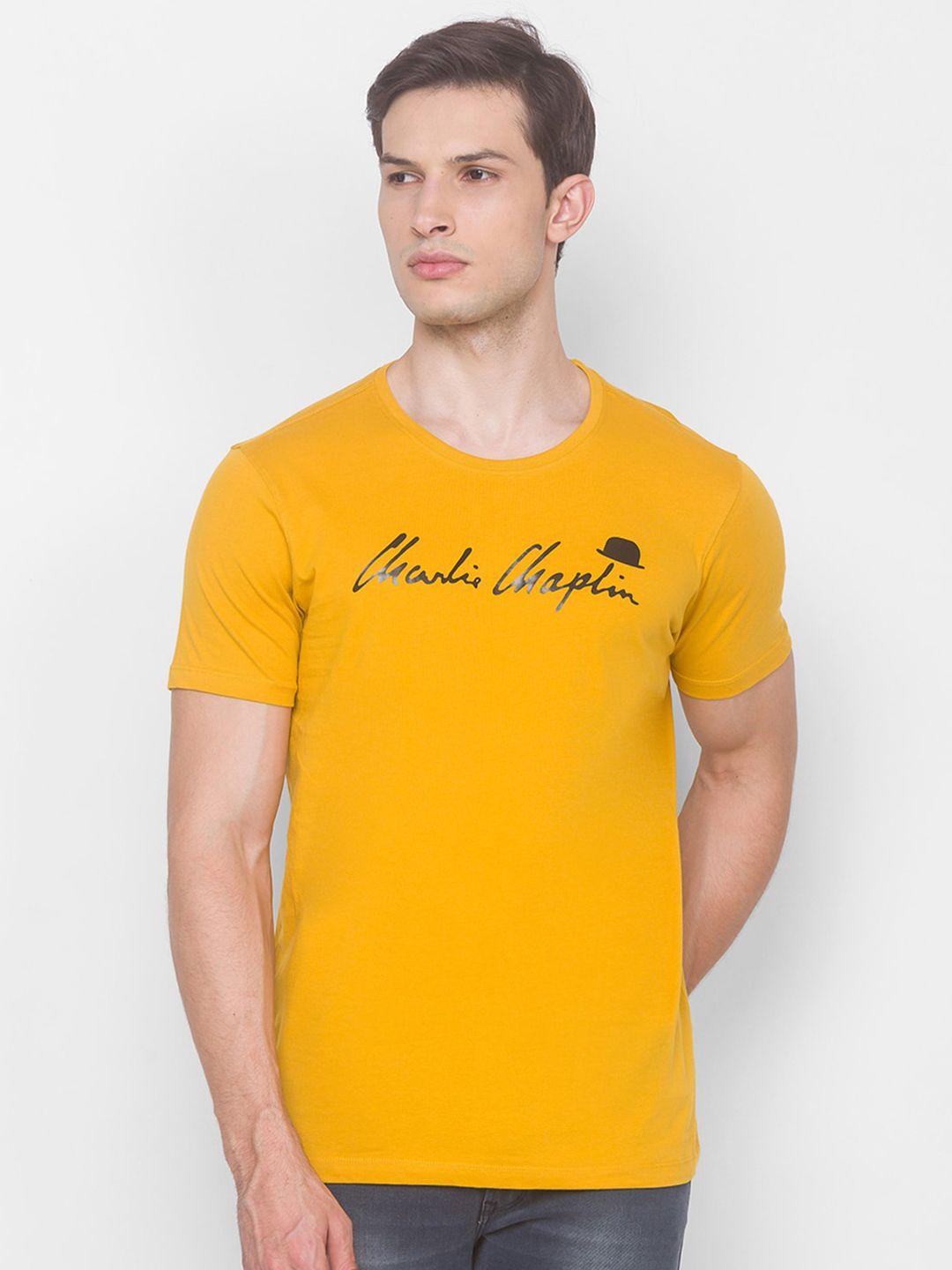 spykar men yellow typography printed slim fit cotton t-shirt