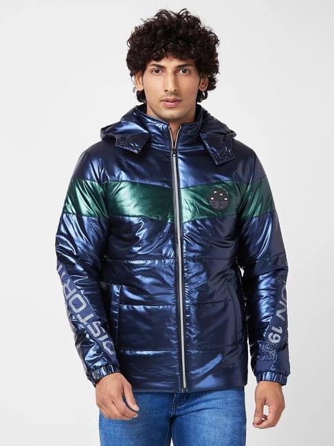 spykar midnight blue metallic look jacket with flash reflective print