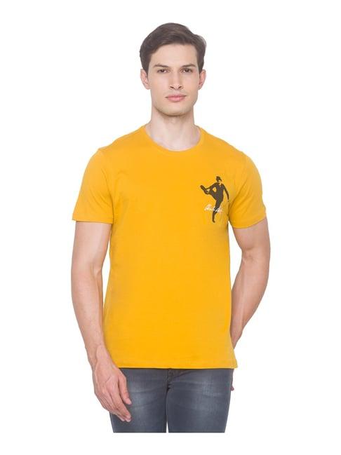 spykar mustard cotton slim fit printed t-shirt