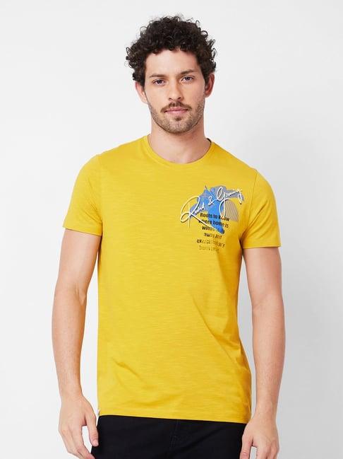 spykar mustard slim fit printed crew t-shirt