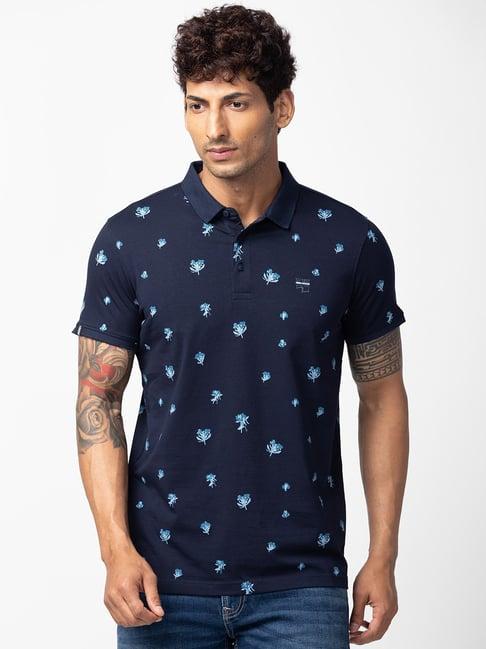 spykar navy blue cotton regular fit floral print polo t-shirt