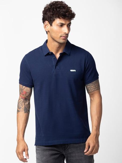 spykar navy blue cotton regular fit polo t-shirt