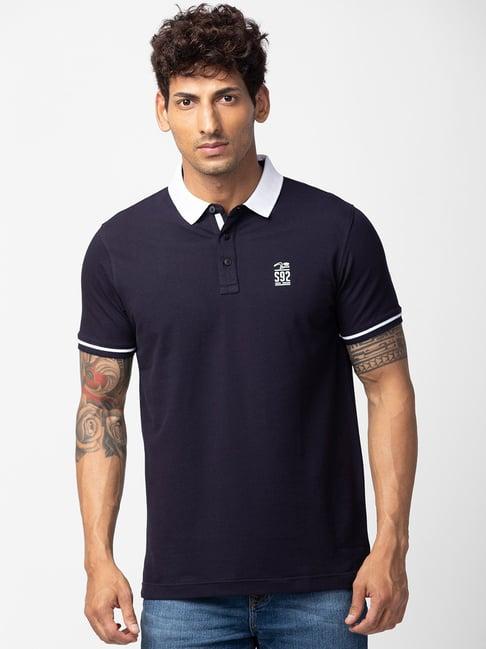 spykar navy blue cotton regular fit polo t-shirt