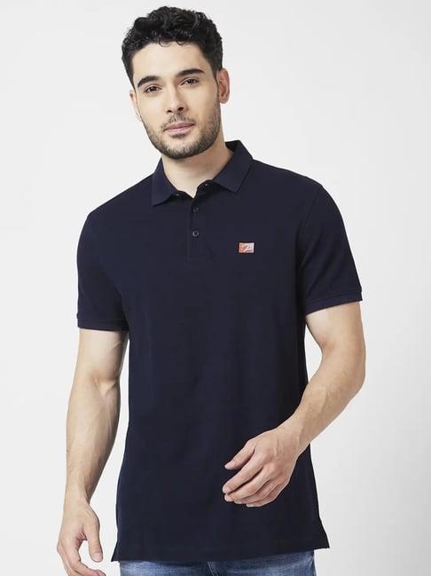 spykar navy blue cotton slim fit polo t-shirt