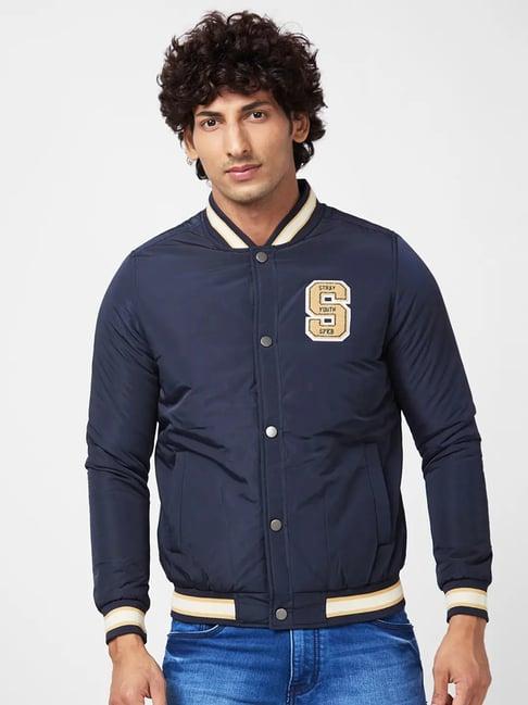 spykar navy blue varsity jacket with towel embroidery badge