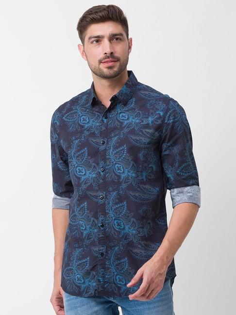 spykar navy cotton slim fit printed shirt