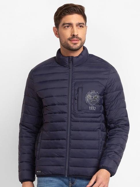 spykar navy cotton straight fit self pattern jacket